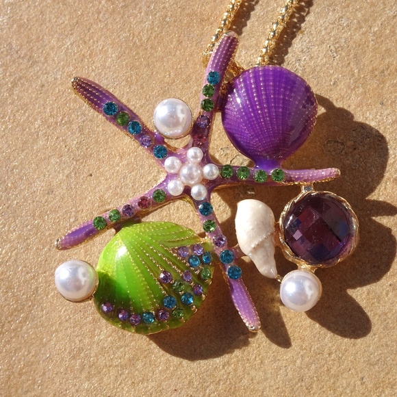 Purple & Green Enamel Starfish Pearl Pendant Brooch Summer Ocean Beach Necklace - Picture 3 of 8